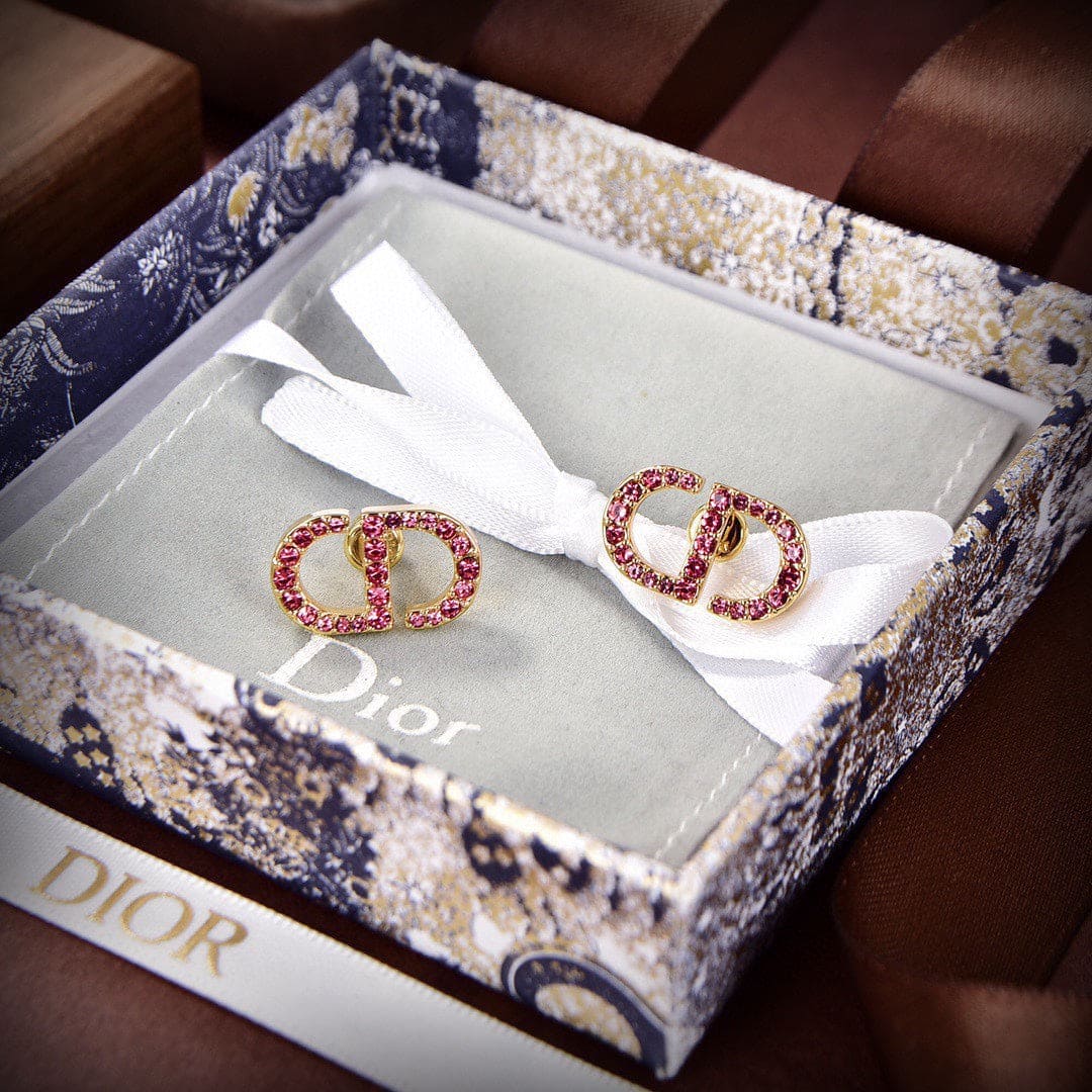 18K Petit Dior Stud Fuchsia Crystals Earrings